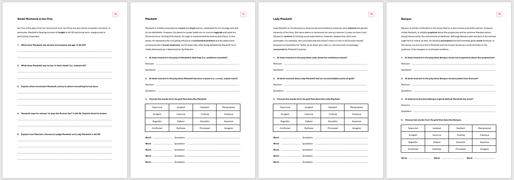 30 x Worksheets on Macbeth | GCSE Teaching Resource