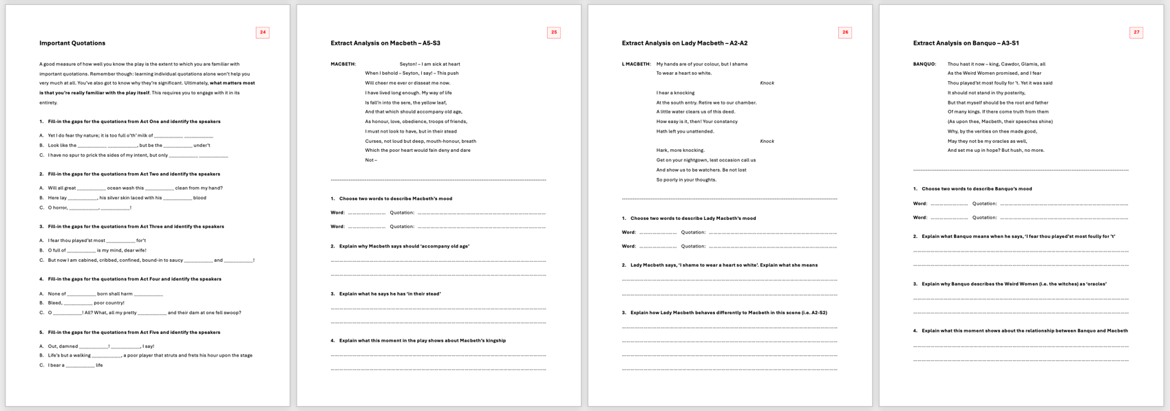 30 x Worksheets on Macbeth | GCSE Teaching Resource