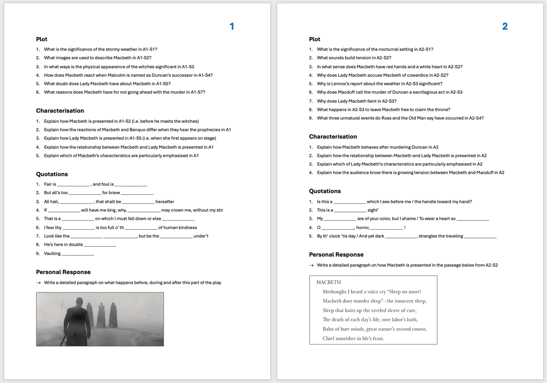 Act-by-Act Review Sheets for Macbeth