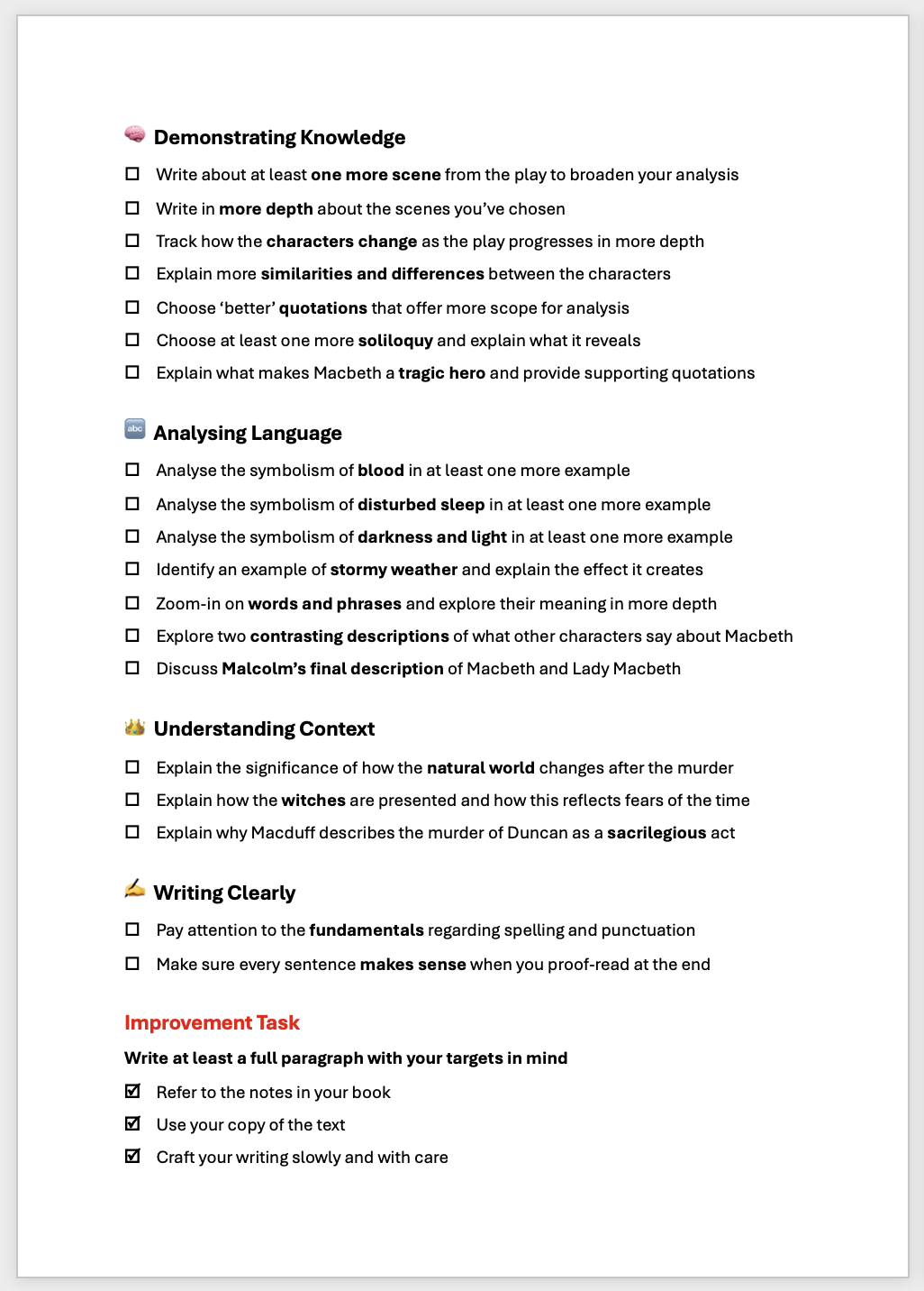 Macbeth Improvement Tasks