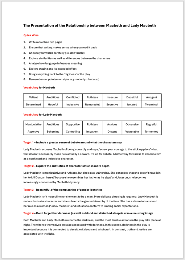 Macbeth and Lady Macbeth Feedback Sheet