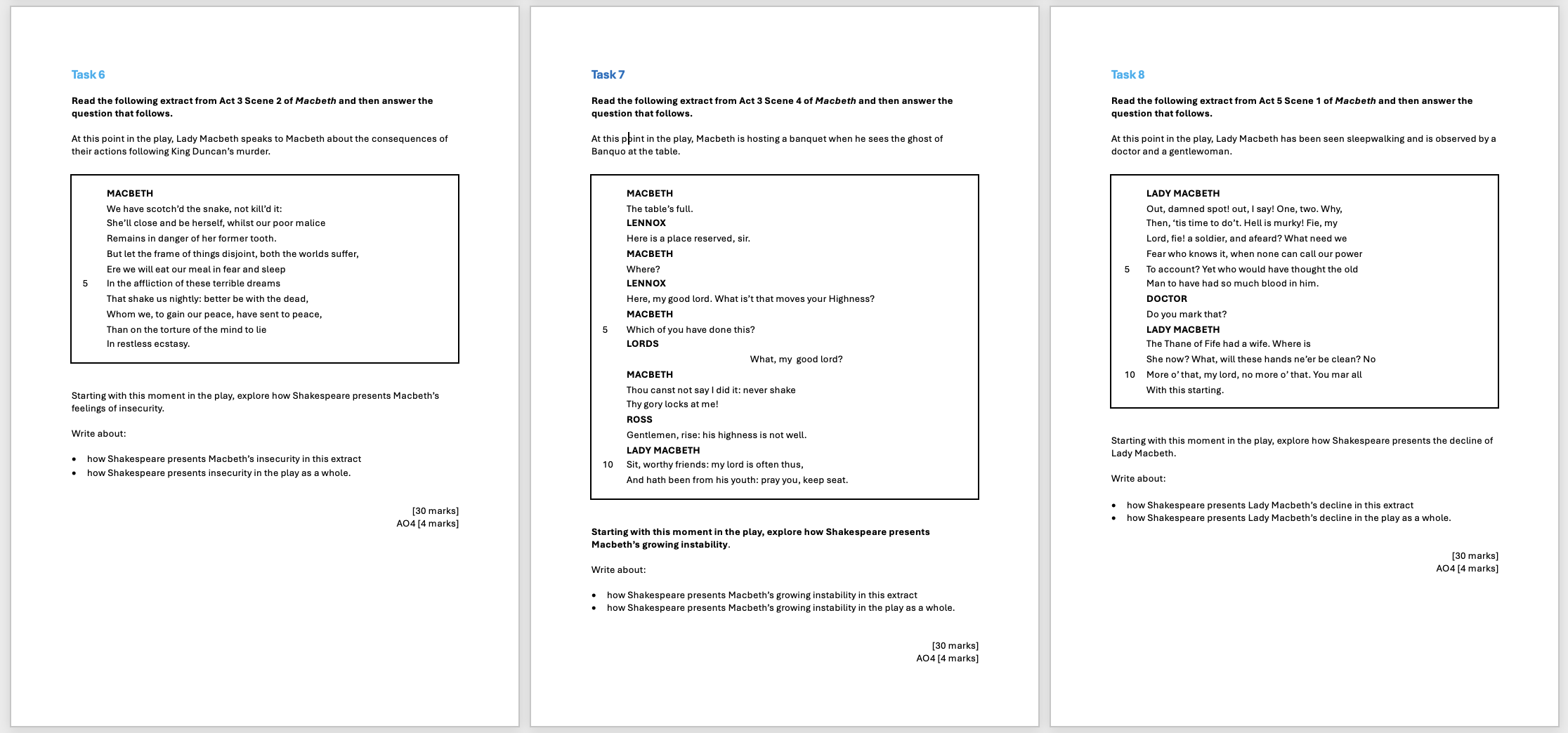 10 Exam Tasks for Macbeth | KS4 Teaching Resource