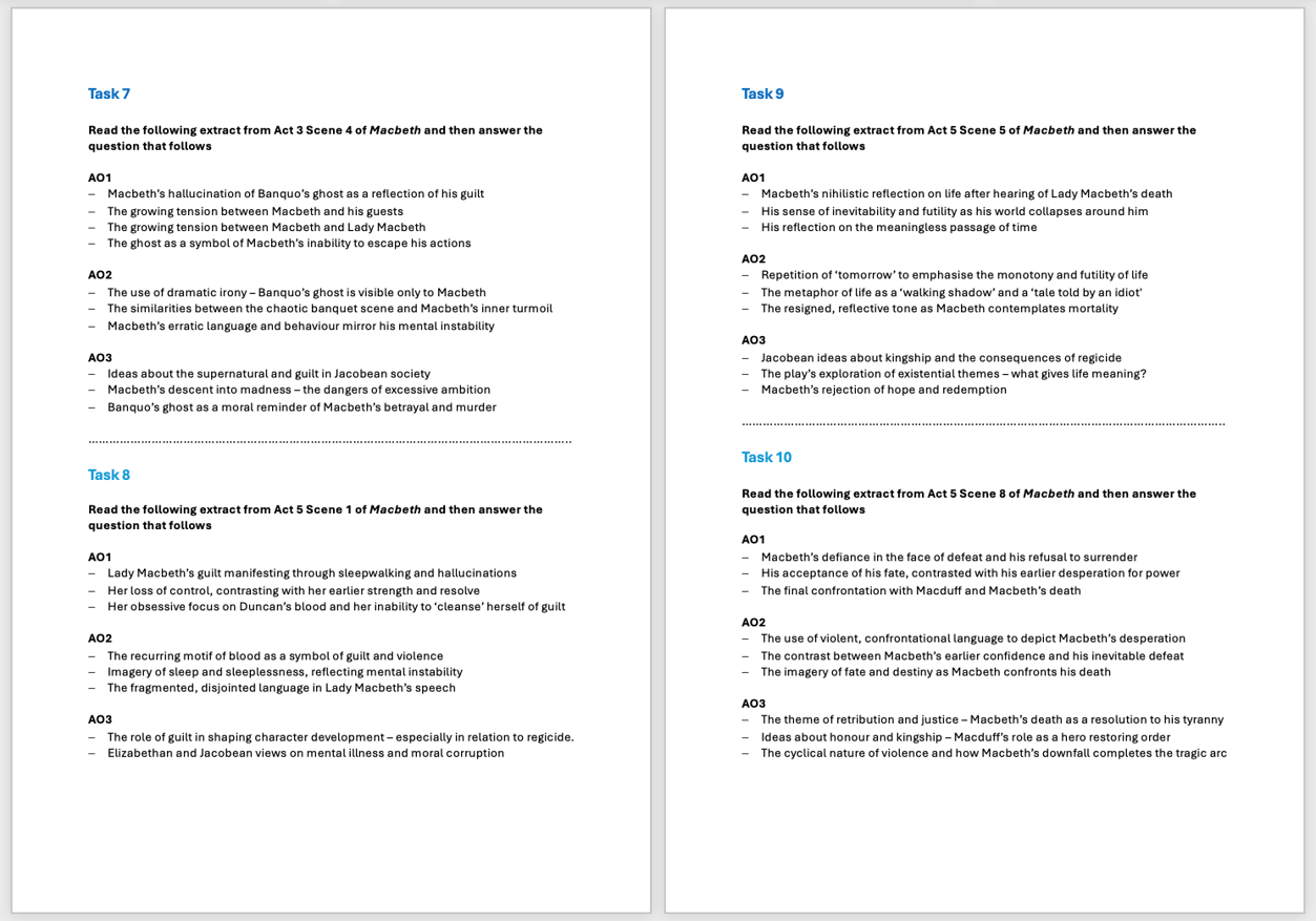10 Exam Tasks for Macbeth | KS4 Teaching Resource